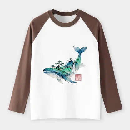Tokyo-Tiger Whale Ink Painting Landscape Raglan Long Sleeve T-shirt