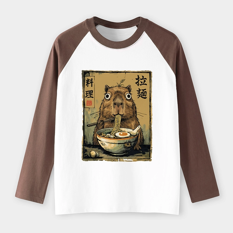 Tokyo-Tiger Cute Capybara Eating Ramen Raglan Long Sleeve T-shirt