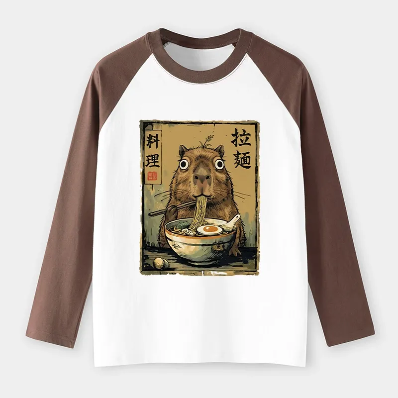 Tokyo-Tiger Cute Capybara Eating Ramen Raglan Long Sleeve T-shirt