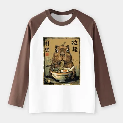 Tokyo-Tiger Cute Capybara Eating Ramen Raglan Long Sleeve T-shirt