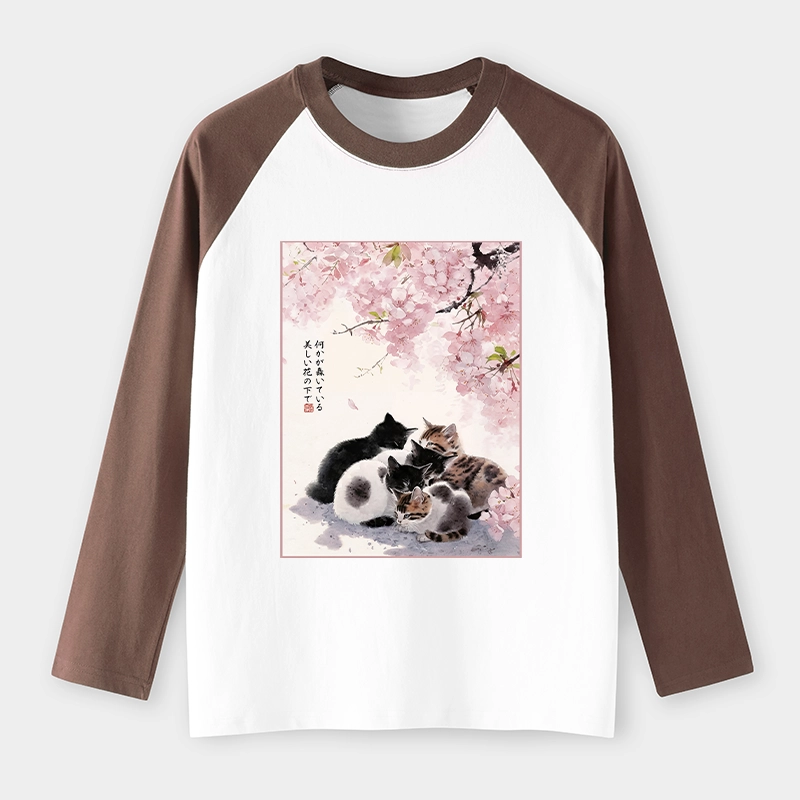 Tokyo-Tiger Cute Cats Sakura Garden Raglan Long Sleeve T-shirt