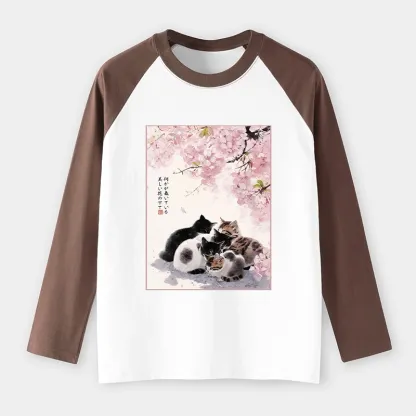 Tokyo-Tiger Cute Cats Sakura Garden Raglan Long Sleeve T-shirt