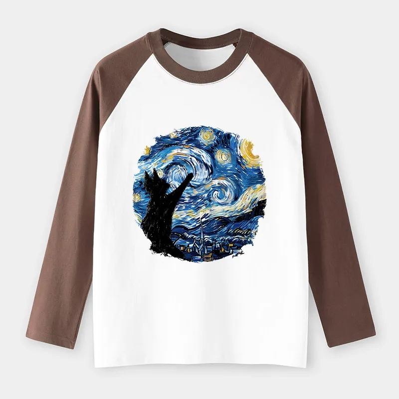 Tokyo-Tiger Starry Night Black Cat Raglan Long Sleeve T-shirt