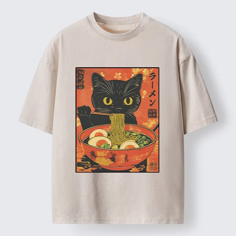 Tokyo-Tiger Hungry Black Cat Loves Ramen Washed T-Shirt