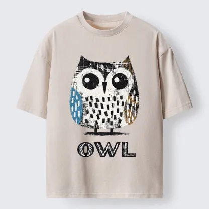 Tokyo-Tiger Minimalist Owl Illustration Print Washed T-Shirt