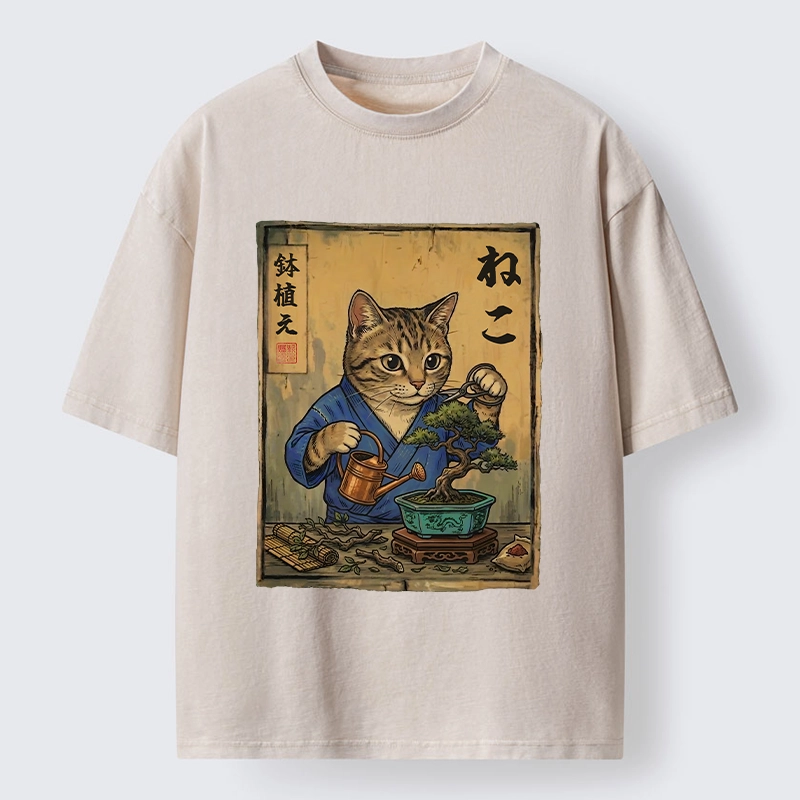 Tokyo-Tiger Cat Mastering Bonsai Art Washed T-Shirt