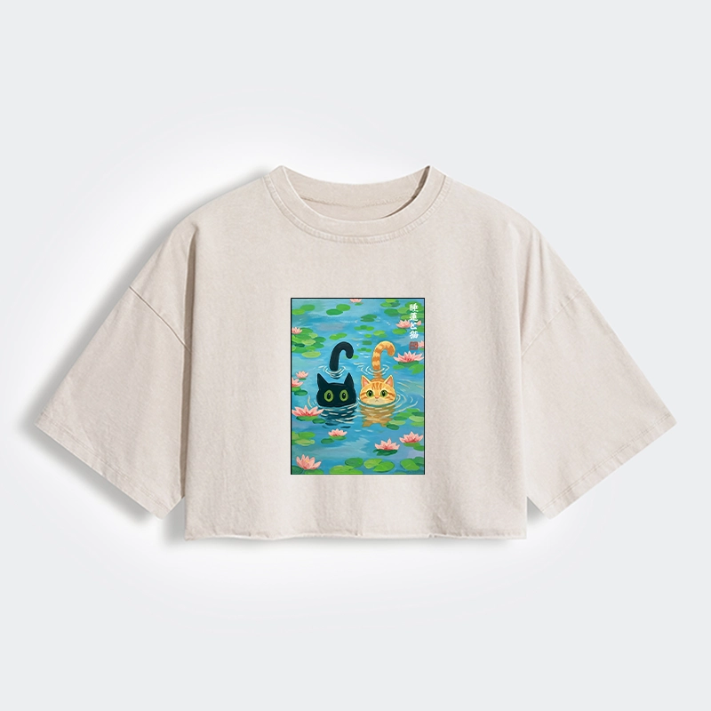 Tokyo-Tiger Cats In The Lotus Pond Women's Washed Crop T-Shirt