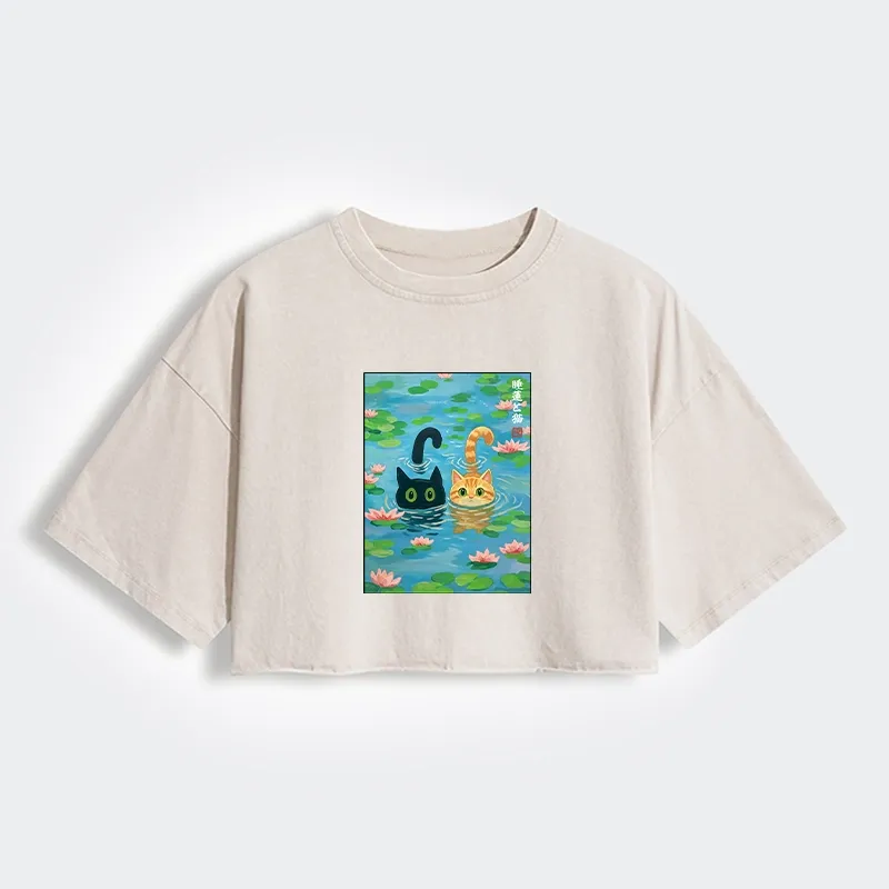 Tokyo-Tiger Cats In The Lotus Pond Women's Washed Crop T-Shirt Sale