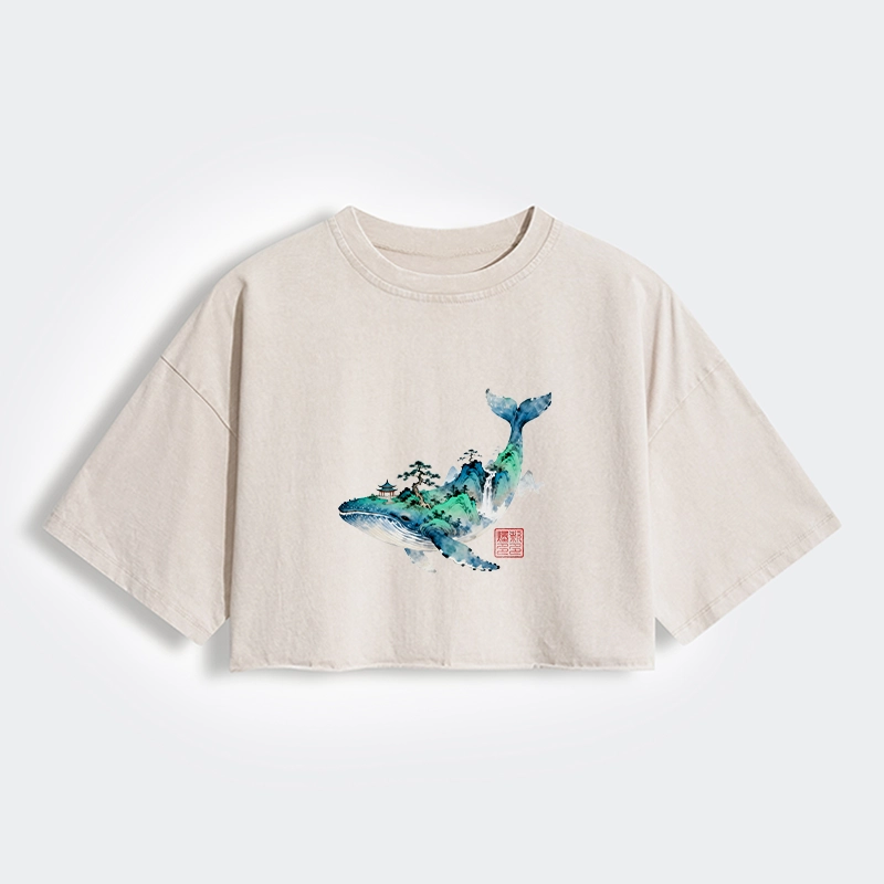 Tokyo-Tiger Whale Ink Painting Landscape Women's Washed Crop T-Shirt