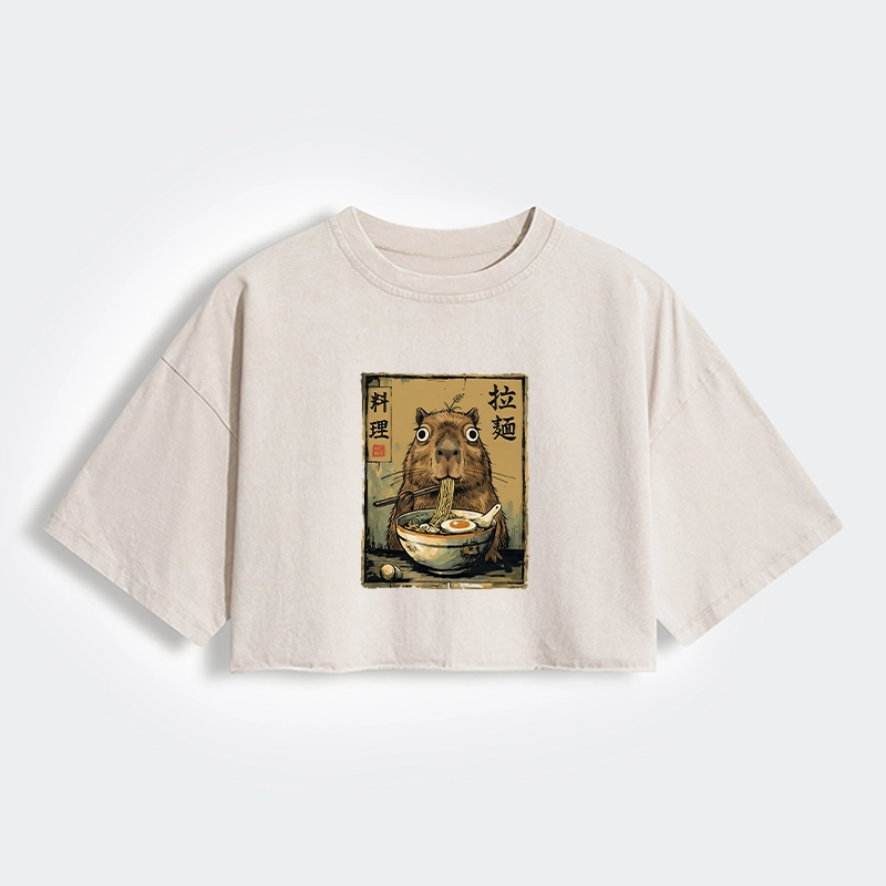 Tokyo-Tiger Cute Capybara Eating Ramen Women's Washed Crop T-Shirt