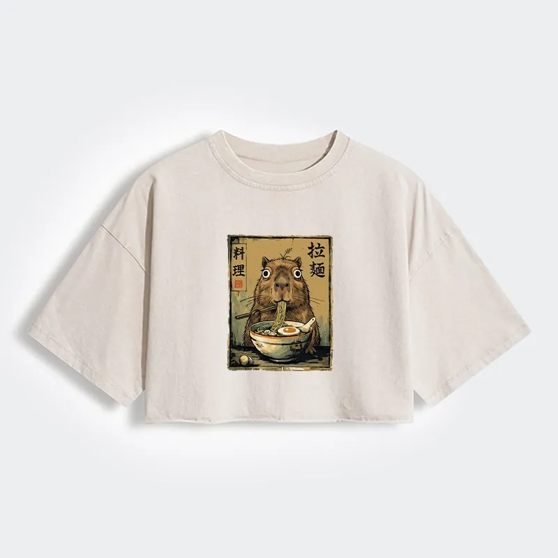 Tokyo-Tiger Cute Capybara Eating Ramen Women's Washed Crop T-Shirt