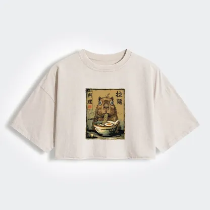 Tokyo-Tiger Cute Capybara Eating Ramen Women's Washed Crop T-Shirt