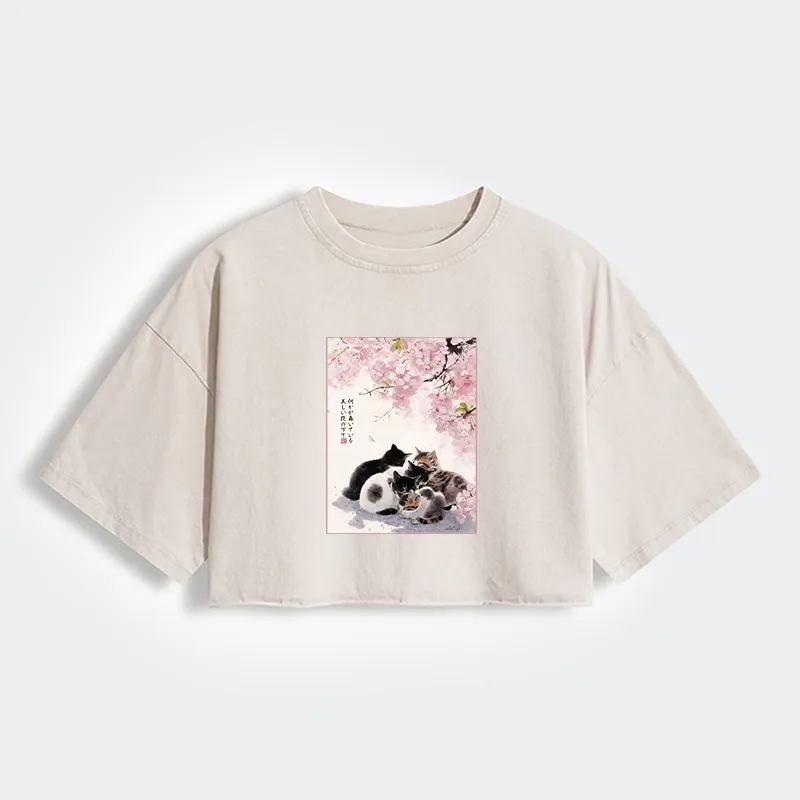 Tokyo-Tiger Cute Cats Sakura Garden Women's Washed Crop T-Shirt