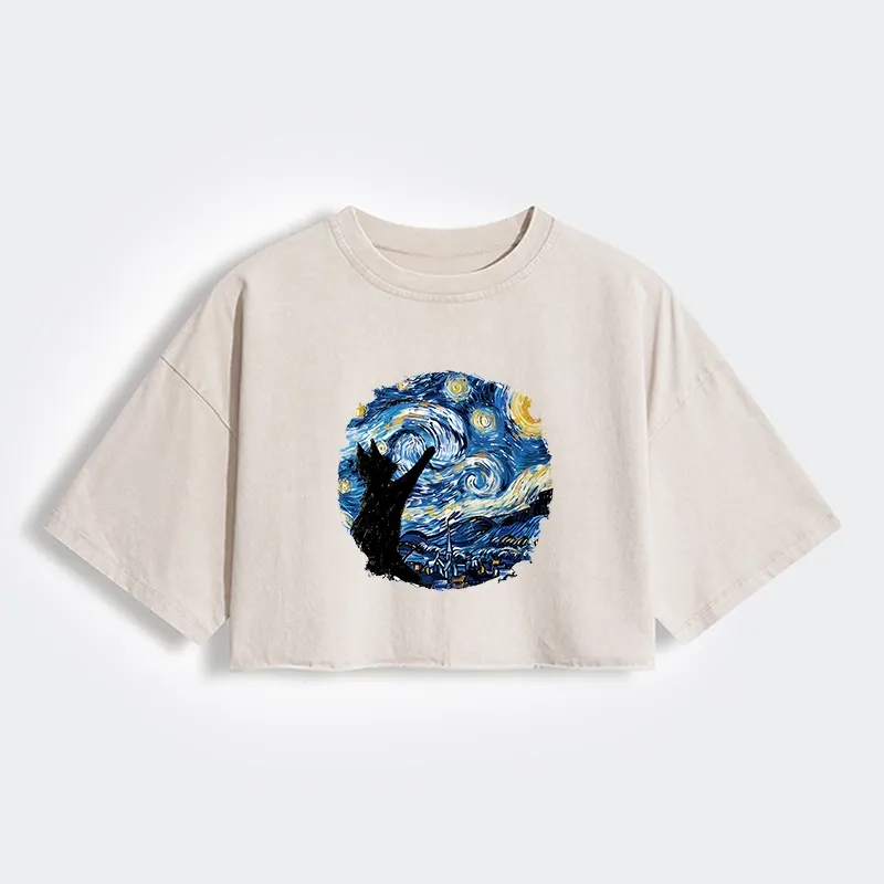 Tokyo-Tiger Starry Night Black Cat Women's Washed Crop T-Shirt