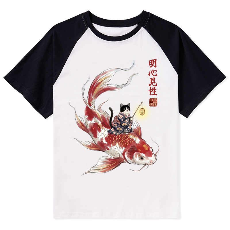 Tokyo-Tiger Cute Kimono Cat On Koi Fish Raglan T-shirt