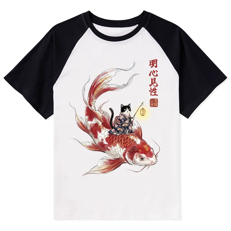 Tokyo-Tiger Cute Kimono Cat On Koi Fish Raglan T-shirt Sale