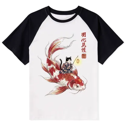 Tokyo-Tiger Cute Kimono Cat On Koi Fish Raglan T-shirt