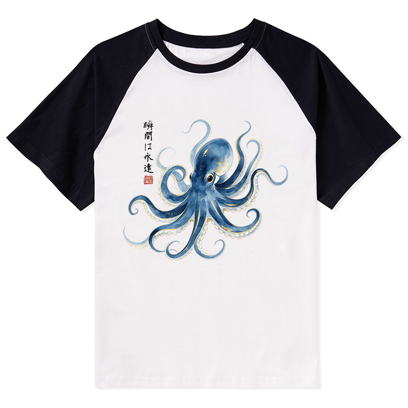 Tokyo-Tiger Stylish Blue Octopus Japanese Raglan T-shirt