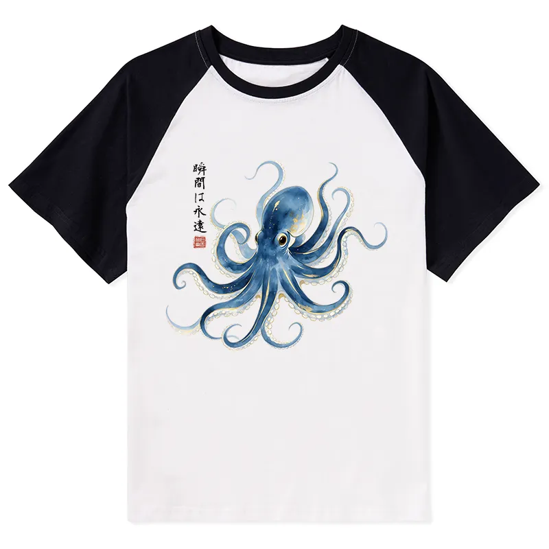 Tokyo-Tiger Stylish Blue Octopus Japanese Raglan T-shirt Sale