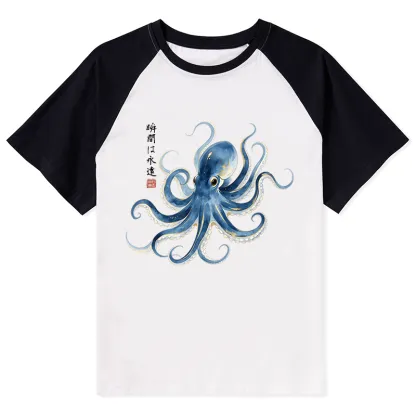 Tokyo-Tiger Stylish Blue Octopus Japanese Raglan T-shirt