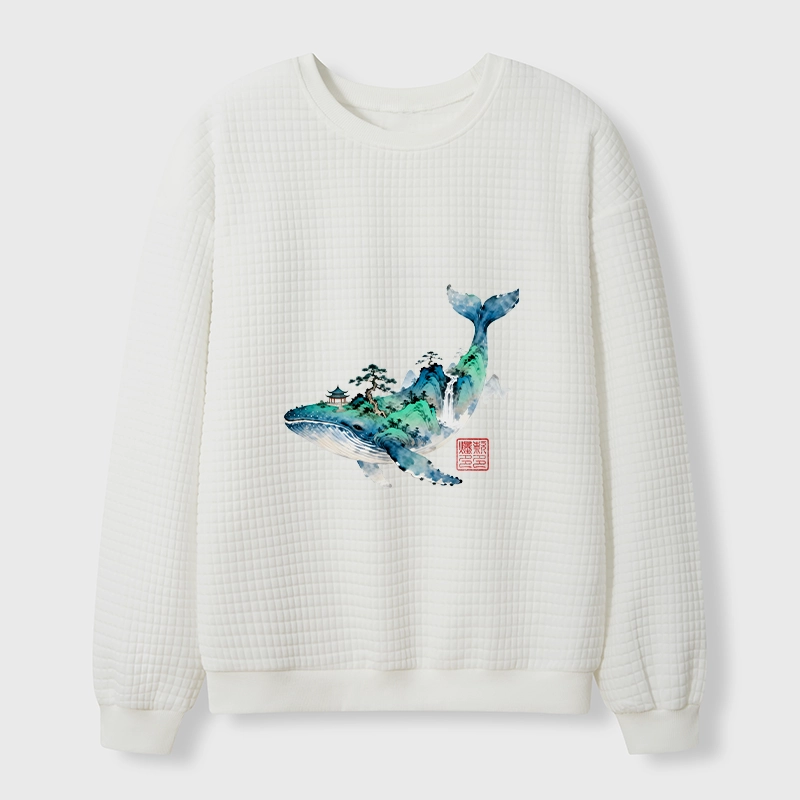 Tokyo-Tiger Whale Ink Painting Landscape Waffle Sweatshirt
