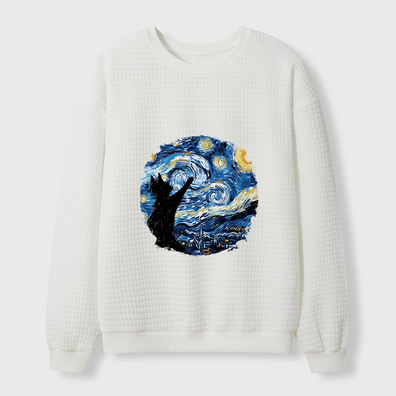 Tokyo-Tiger Starry Night Black Cat Waffle Sweatshirt