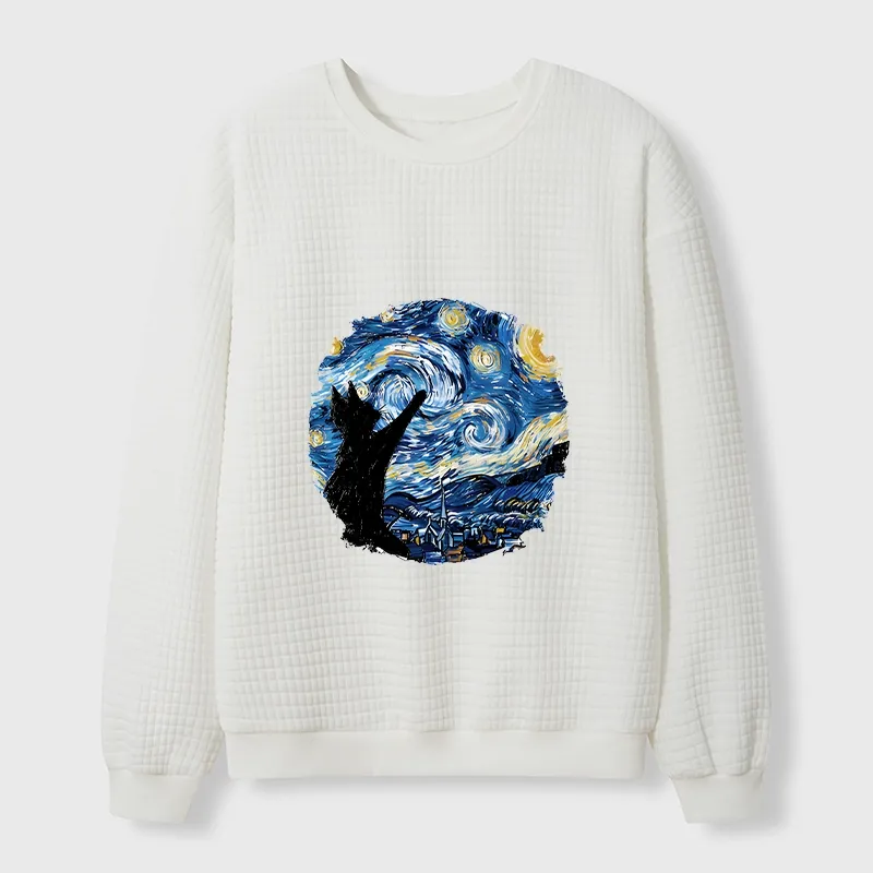 Tokyo-Tiger Starry Night Black Cat Waffle Sweatshirt