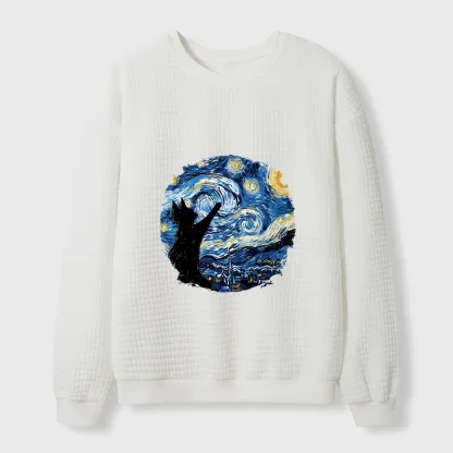 Tokyo-Tiger Starry Night Black Cat Waffle Sweatshirt