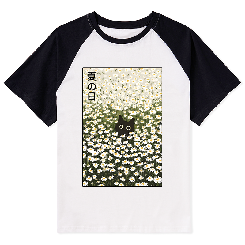 Tokyo-Tiger Summer Day Daisies Black Cat Raglan T-shirt