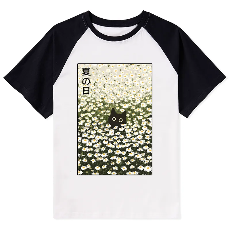 Tokyo-Tiger Summer Day Daisies Black Cat Raglan T-shirt