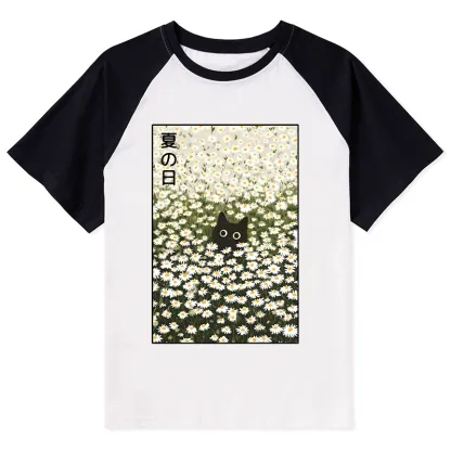 Tokyo-Tiger Summer Day Daisies Black Cat Raglan T-shirt