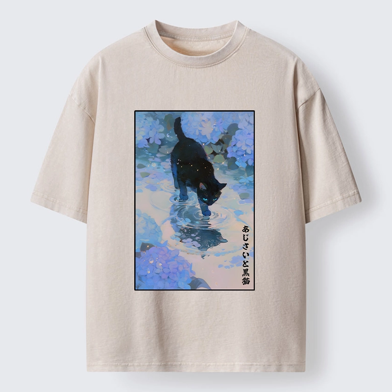 Tokyo-Tiger Midnight Cat In The Blue Rain Washed T-Shirt
