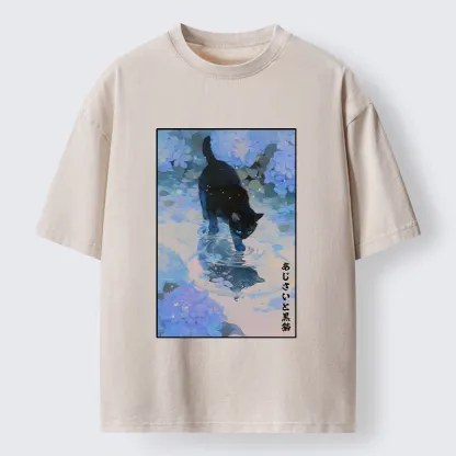 Tokyo-Tiger Midnight Cat In The Blue Rain Washed T-Shirt