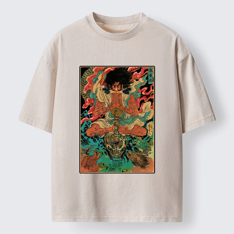 Tokyo-Tiger Classic Japanese Oni Painting Washed T-Shirt