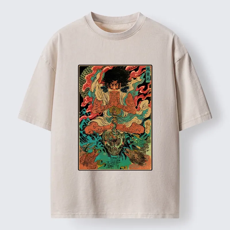 Tokyo-Tiger Classic Japanese Oni Painting Washed T-Shirt Sale