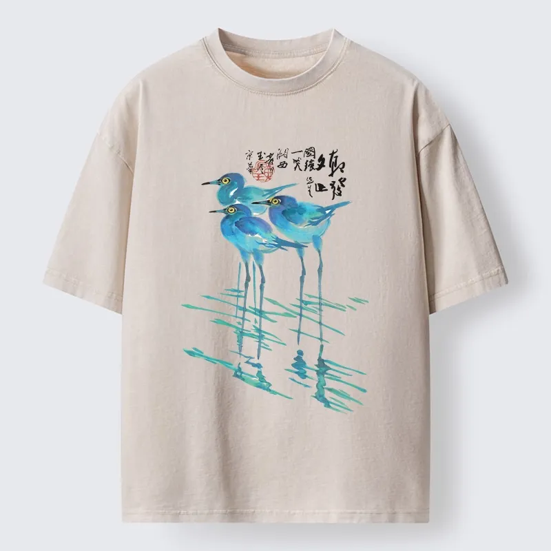 Tokyo-Tiger Watercolor Herons In Reeds Washed T-Shirt Sale