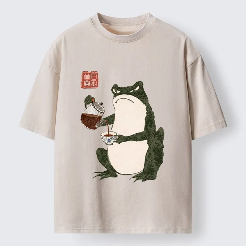 Tokyo-Tiger Frog With A Serious Tea Break Washed T-Shirt Sale