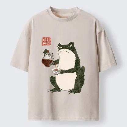 Tokyo-Tiger Frog With A Serious Tea Break Washed T-Shirt