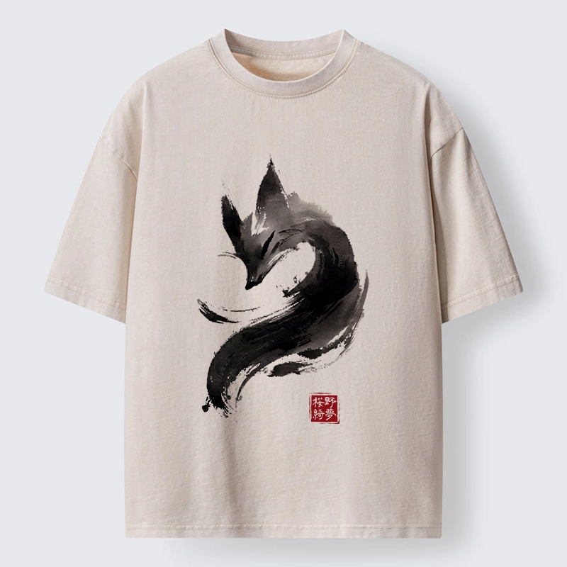 Tokyo-Tiger Japanese Ink Wash Fox Art Washed T-Shirt