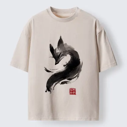 Tokyo-Tiger Japanese Ink Wash Fox Art Washed T-Shirt