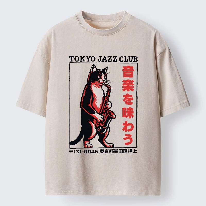 Tokyo-Tiger Retro Jazz Cat Poster Washed T-Shirt