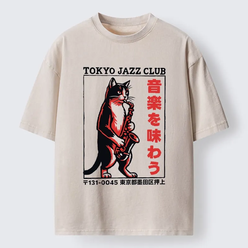 Tokyo-Tiger Retro Jazz Cat Poster Washed T-Shirt Sale