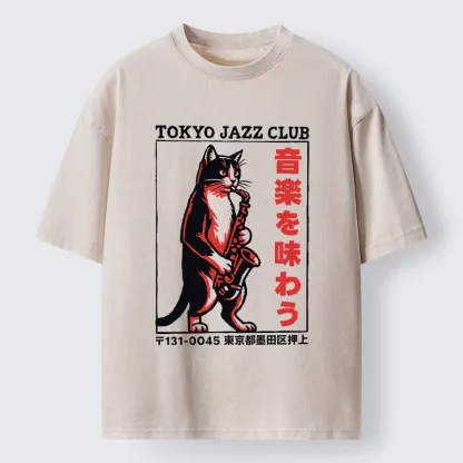 Tokyo-Tiger Retro Jazz Cat Poster Washed T-Shirt
