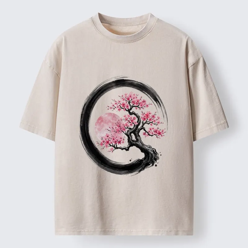 Tokyo-Tiger Zen Sakura Tree With Pink Moon Washed T-Shirt Sale