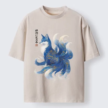 Tokyo-Tiger Serene Fox In Japanese Ink Style Washed T-Shirt