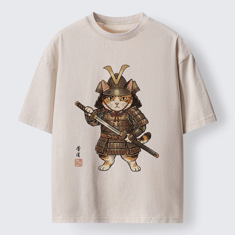 Tokyo-Tiger Samurai Cat With Katana Sword Washed T-Shirt