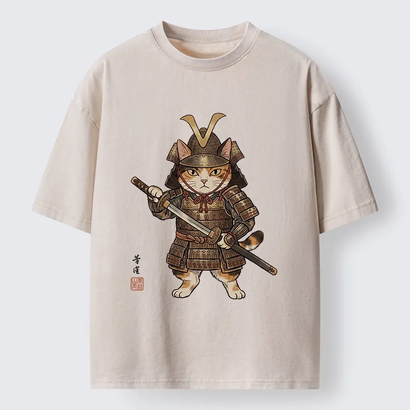 Tokyo-Tiger Samurai Cat With Katana Sword Washed T-Shirt Sale