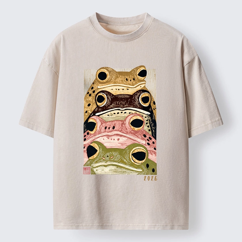 Tokyo-Tiger Whimsical Multi Colored Frog Art Washed T-Shirt