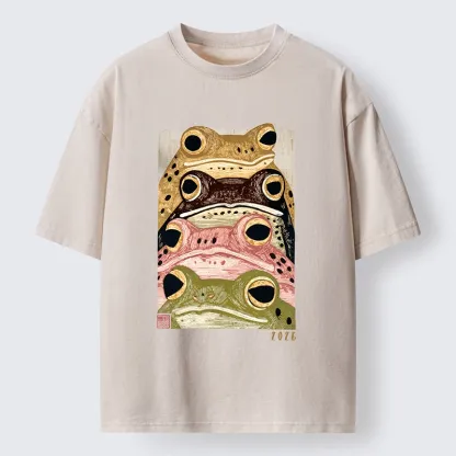 Tokyo-Tiger Whimsical Multi Colored Frog Art Washed T-Shirt