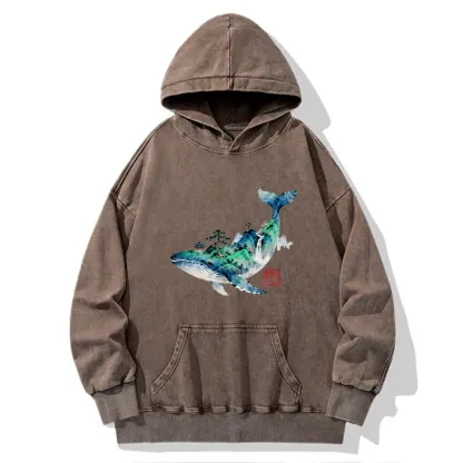 Tokyo-Tiger Whale Ink Painting Landscape Washed Hoodie